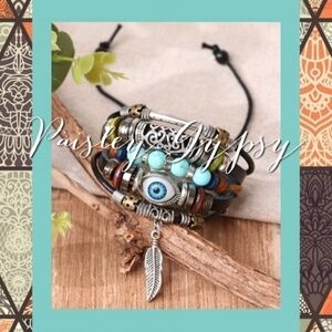 Seeing Eye Bohemian Feather Strappy Bracelet